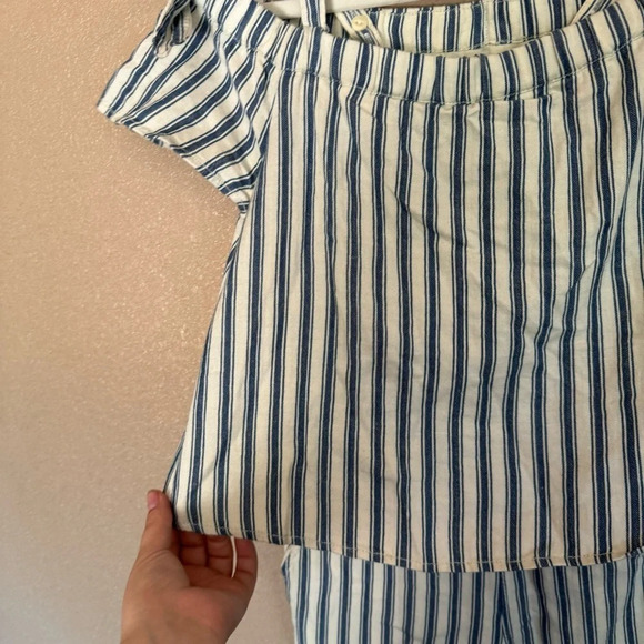 Madewell Linen Striped Nautical Off The Shoulder Flounce Cropped Jumpsuit C - Picture 3 of 5